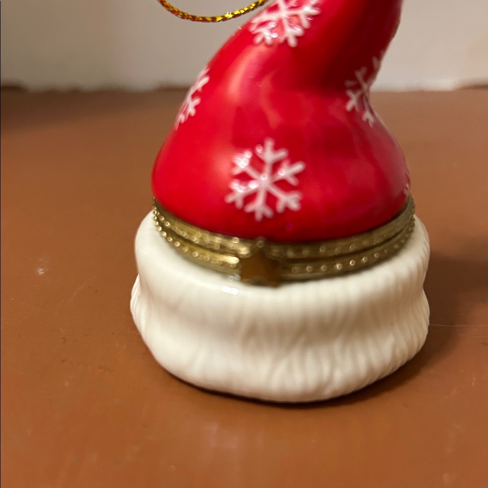 Red & White Santa Hat with Snowflakes Hinged Trinket Box Ornament -Porcelain - Picture 7 of 13